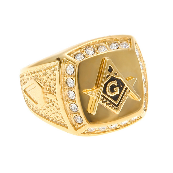Iced Out 18K Gold Freemason Ring